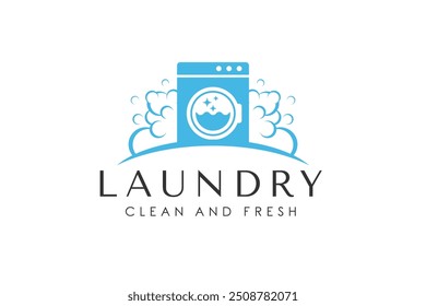 Laundry logo design template. Washing machine with bubbles illustration concept for laundry logo