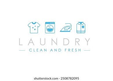 Laundry logo design template. Washing machine, clothes, iron, and folded clothes line outline icon
