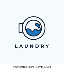 Laundry Logo Design, Water Filled Washing Machine Door Icon Vector Illustration in Line Art Style