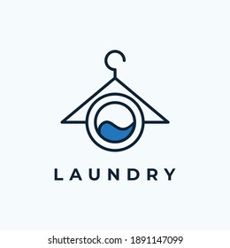 Laundry Logo Design, Water Filled Washing Machine Door Icon Vector Illustration With Hanger Combination in Line Art Style