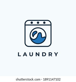 Laundry Logo Design, Water Filled Clothes Washer Icon Vector Illustration in Line Art Style