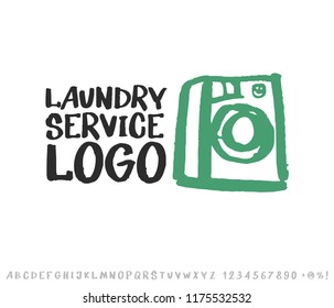 Laundry logo emblem and hand drawn typeface set isolated on white. Washing machine, laundromat. Logo design elements. Lettering, sketch style.