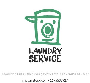 Laundry logo emblem and hand drawn typeface set isolated on white. Washing machine with smiling face. Logo design elements. Lettering, sketch style.