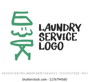 Laundry logo emblem and hand drawn typeface set isolated on white. Iron with steam and ironing board. Logo design elements. Lettering, sketch style.