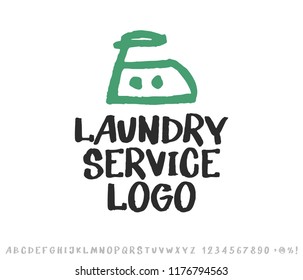 Laundry logo emblem and hand drawn typeface set isolated on white. Iron icon. Logo design elements. Lettering, sketch style.