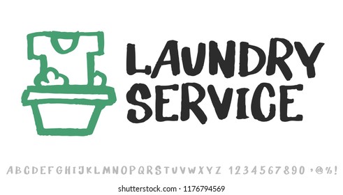 Laundry logo emblem and hand drawn typeface set isolated on white. Shirt washing in basin with foam. Logo design elements. Lettering, sketch style.