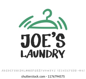 Laundry logo emblem and hand drawn typeface set isolated on white. Clothes hanger Logo design elements. Lettering, sketch style.