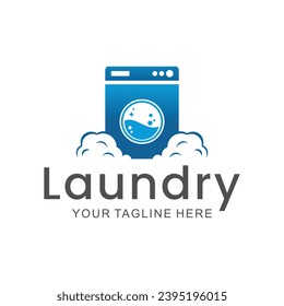 laundry logo in shades of blue and white, with bubbles for washing clothes, simple logo, creative logo