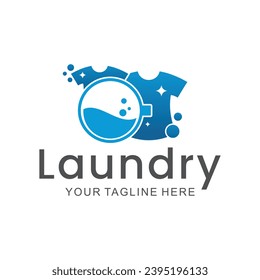 laundry logo in shades of blue and white, with bubbles for washing clothes, simple logo, creative logo