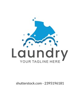 laundry logo in shades of blue and white, with bubbles for washing clothes, simple logo, creative logo