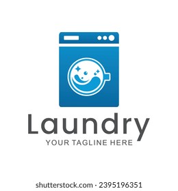 laundry logo in shades of blue and white, with bubbles for washing clothes, simple logo, creative logo