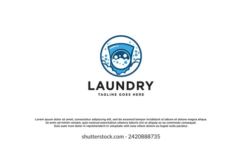 logo de la lavandería en tonos azules y blancos, con burbujas para lavar la ropa. ropa, lavadora y burbuja utilizables para la plantilla de logotipos de empresas de lavado