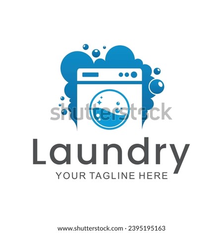 laundry logo in shades of blue and white, with bubbles for washing clothes, simple logo, creative logo