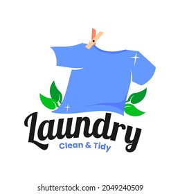 Laundry Logo Template, With A Clean Blue T-Shirt Mascot Being Dried