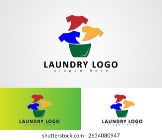 laundry logo with three clean clothes items and clothes basket business concept