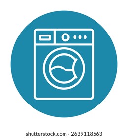 Laundry machine emblem within teal circle. Icon symbol illustration