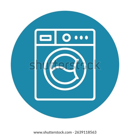 Laundry machine emblem within teal circle. Icon symbol illustration