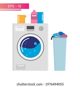 Laundry machine, large laundry basket. Washing powder. Realistic design. On a white background. Flat vector illustration.