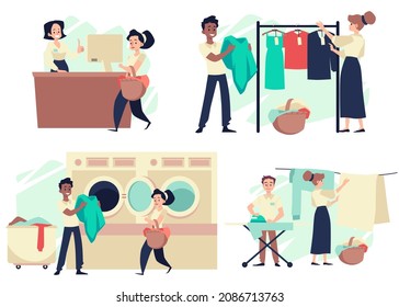 Laundry Machine Wash Business Vector Concept. Dry Cleaning Service, Casual People Are Doing Laundry At Laundromat. Man Ironing Shirt, White Woman And Black Man Are Hanging Clean Clothes On A Rack.