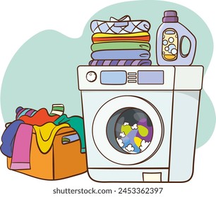 Laundry machine with washing clothing and linen vector illustration, flat cartoon style washer with baskets of linen and detergent, concept of domestic housework service clipart