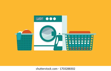 Laundry machine with washing clothing vector illustration in flat cartoon style