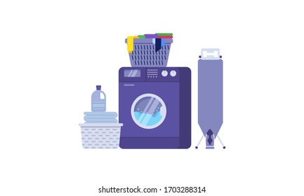 Laundry machine with washing clothing vector illustration in flat cartoon style