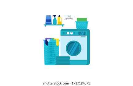 Laundry machine with washing clothing vector illustration in flat cartoon style