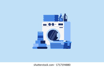 Laundry machine with washing clothing vector illustration in flat cartoon style