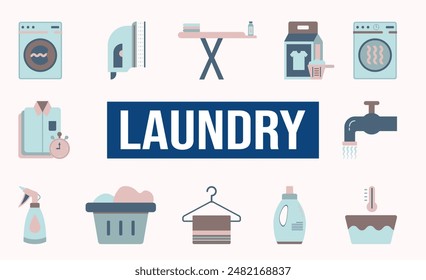 Laundry minimal solid web icon set with Washing Machine, Steam Iron, Washing Powder, Fabric Softener and more. Vector illustration eps10.