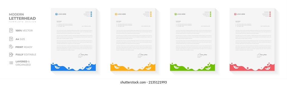Plantilla moderna de diseño de membrete con color amarillo, azul, verde y rojo. plantilla de diseño de encabezado de letra moderno creativo para su proyecto