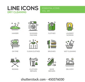 Laundry - modern vector line design icons and pictograms set. Hanger, washing machine, clothes, brushes, wet, dry cleaning, ironing, clothing, shoe repairs delivery