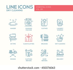 Laundry - modern vector simple line design icons and pictograms set. Hanger, washing machine, clothes, brushes, wet, dry cleaning, ironing, clothing, shoe repairs, delivery