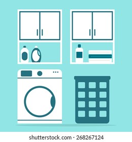 Laundry. Modern laundry with washing machine and washing powder. Bathroom appliances. Apartment cleaning elements. Flat style vector illustration.