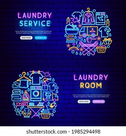 Laundry Neon Banners. Vector Illustration of Clean Promotion.