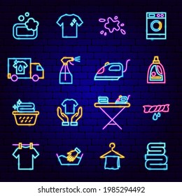 Laundry Neon Icons. Vector Illustration of Service Promotion.