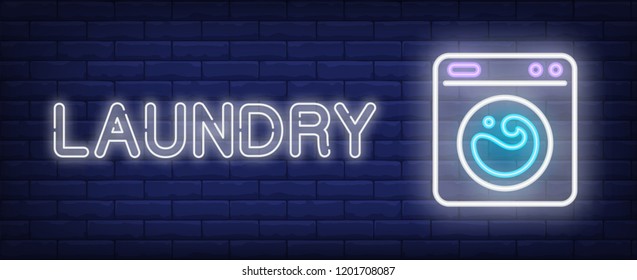 Laundry neon sign. Washing machine on brick background. Housework, chores, household equipment. Night bright advertisement. Vector illustration in neon style for hygiene, housekeeping, service 