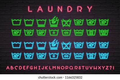 Laundry Neon Style Icon Set. Neon Light Glowing Vector Illustration Different color with Alphabet Neon. Washing Symbols