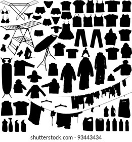 Laundry objects black and white silhouettes including hangers, detergent iron, ironing board, clothe line etc