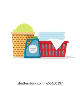 Laundry on baskets vector illustration, flat cartoon linen stack for washing, towels folded isolated on white background