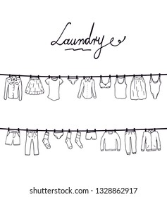 Laundry on rope black outline illustration design with letters text tittle shape. Different fashion clothes female and male drawing vector set collection. Different shirts , long sleeve , underwear. 