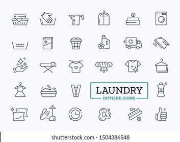 Laundry outline icons with signs of washing mashine, powder, iron, pin