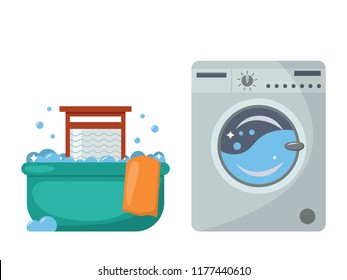 Laundry in the past and now. Basin for washing and washing board, a modern washing machine. Flat design vector illustration. Isolated on white background.