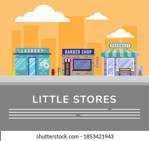 laundry with pharmacy and barber little stores buildings facades street scene vector illustration design
