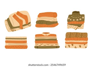 Laundry pile set. Stack of washed clothes and home textile. Sweaters and dress vector flat illustration collection isolate on white background.
