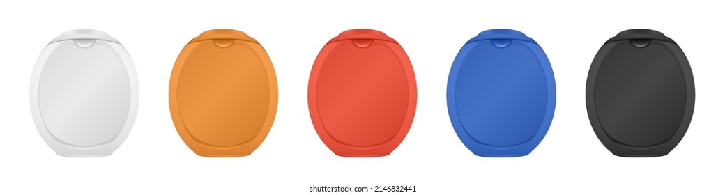 Laundry Pods Jar. Laundry Detergent Bottle. Set Of White, Orange, Red, Blue And Black Plastic Containers.