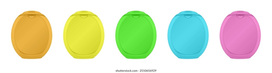 Laundry pods jar. Laundry detergent bottle. Set of yellow, orange, green, blue and pink plastic containers.