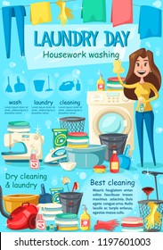 Laundry poster housewife and washing machine, detergent and fresh washed linen clothes. Vector housework washing and iron, vacuum cleaner and sewing machine, towels and mop with sponge, dry cleaning