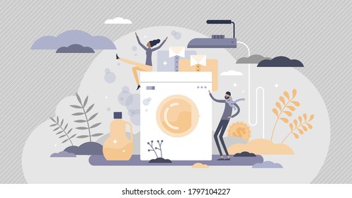 Laundry process with clean and fresh clothes and iron tiny persons concept. Household utility usage vector illustration. Detergent, bleach and softener addition for hygiene outcome in cleaning service