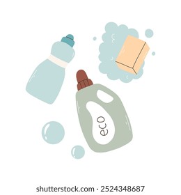 Wäschereiprodukte im flachen Stil. Vektorgrafik. Pulver, Gel, Waschseife.