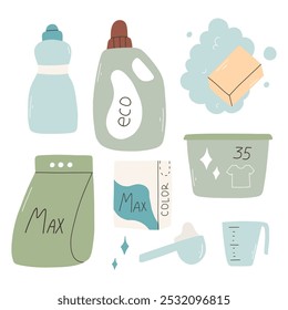 Laundry products in flat style. Vector illustration. Powder, gel, washing soap.